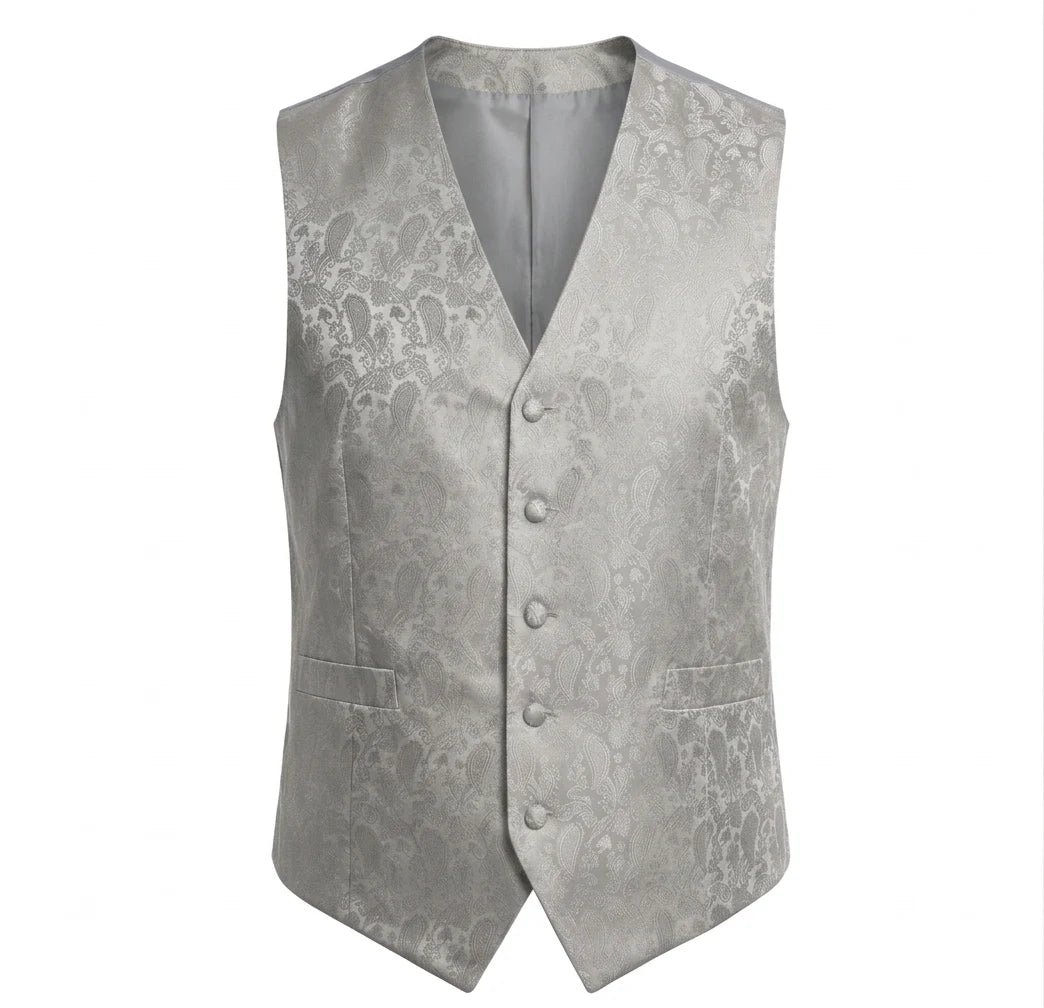 Ensemble trois pièces pour homme à motif cachemire floral : nœud papillon, mouchoir et gilet - Gris