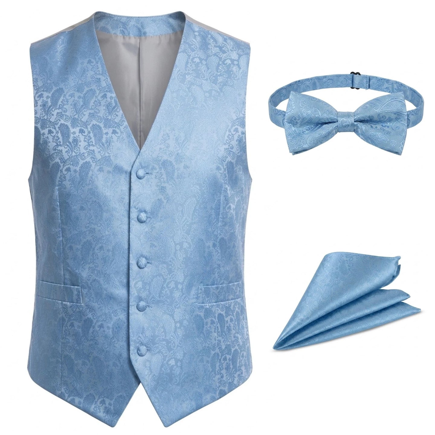 Ensemble 3 pièces pour homme : nœud papillon, mouchoir et gilet à motif cachemire floral - Bleu ciel