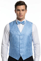 Ensemble 3 pièces pour homme : nœud papillon, mouchoir et gilet à motif cachemire floral - Bleu ciel