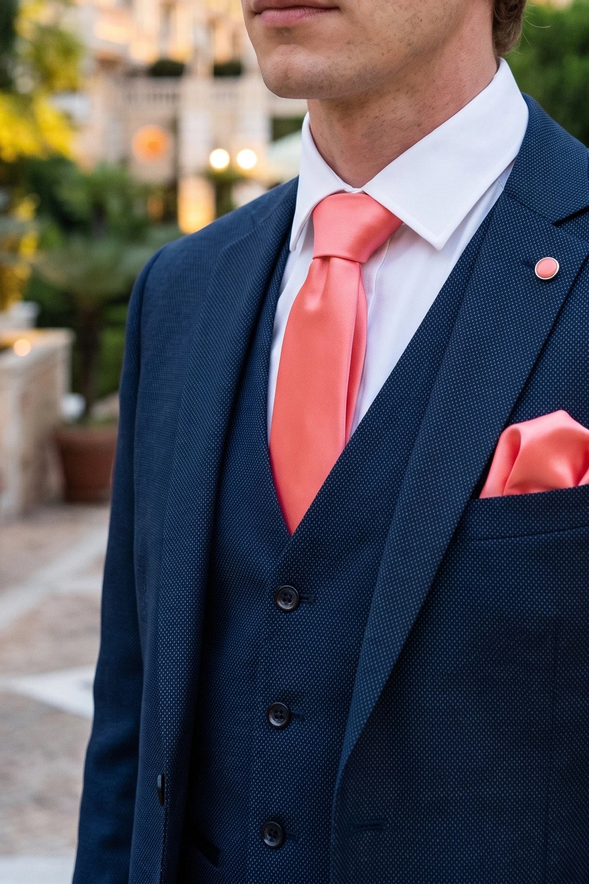 Ensemble cravate pêche pour homme avec pochette et boutons de manchette