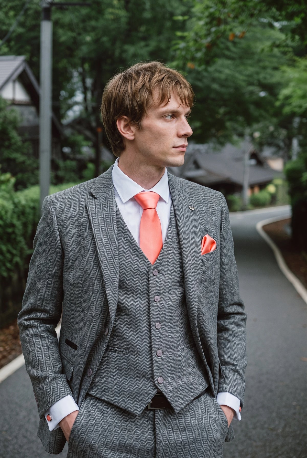 Ensemble cravate pêche pour homme avec pochette et boutons de manchette