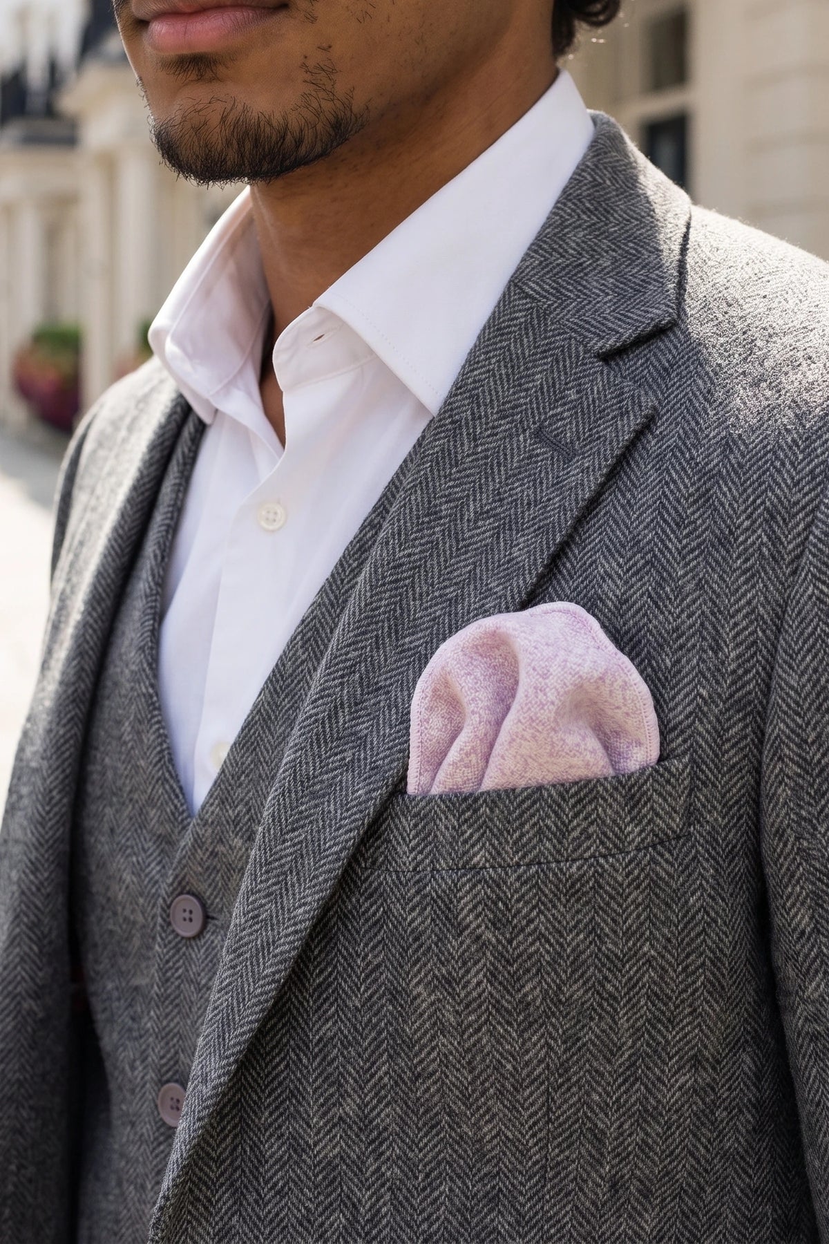 Pochette de costume pour homme en tweed rose mélangé laine