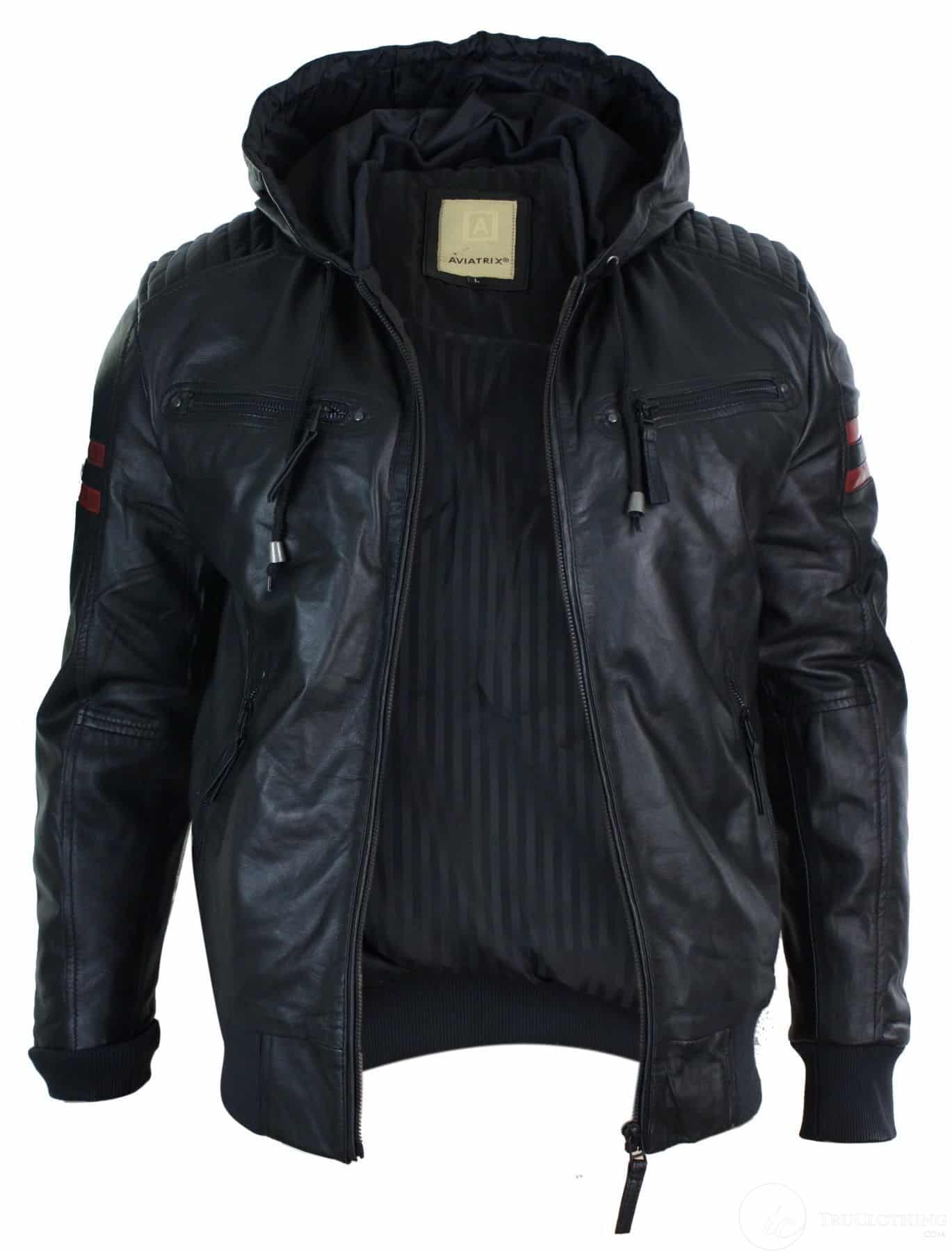 Mens Black Hood Real Leather Bomber Jacket Red Stripes Quilted Slim Fit Casual