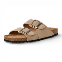 Sandales pantoufles pour hommes en cuir beige sable, à enfiler.