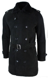Mens Sherling Sheepskin Black Grey Double Breasted Belted 3/4 Overcoat