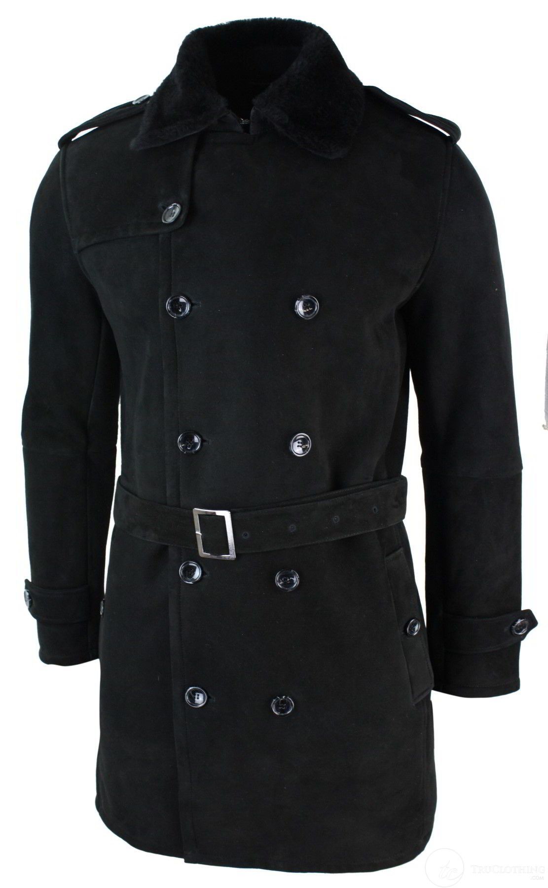 Mens Sherling Sheepskin Black Grey Double Breasted Belted 3/4 Overcoat