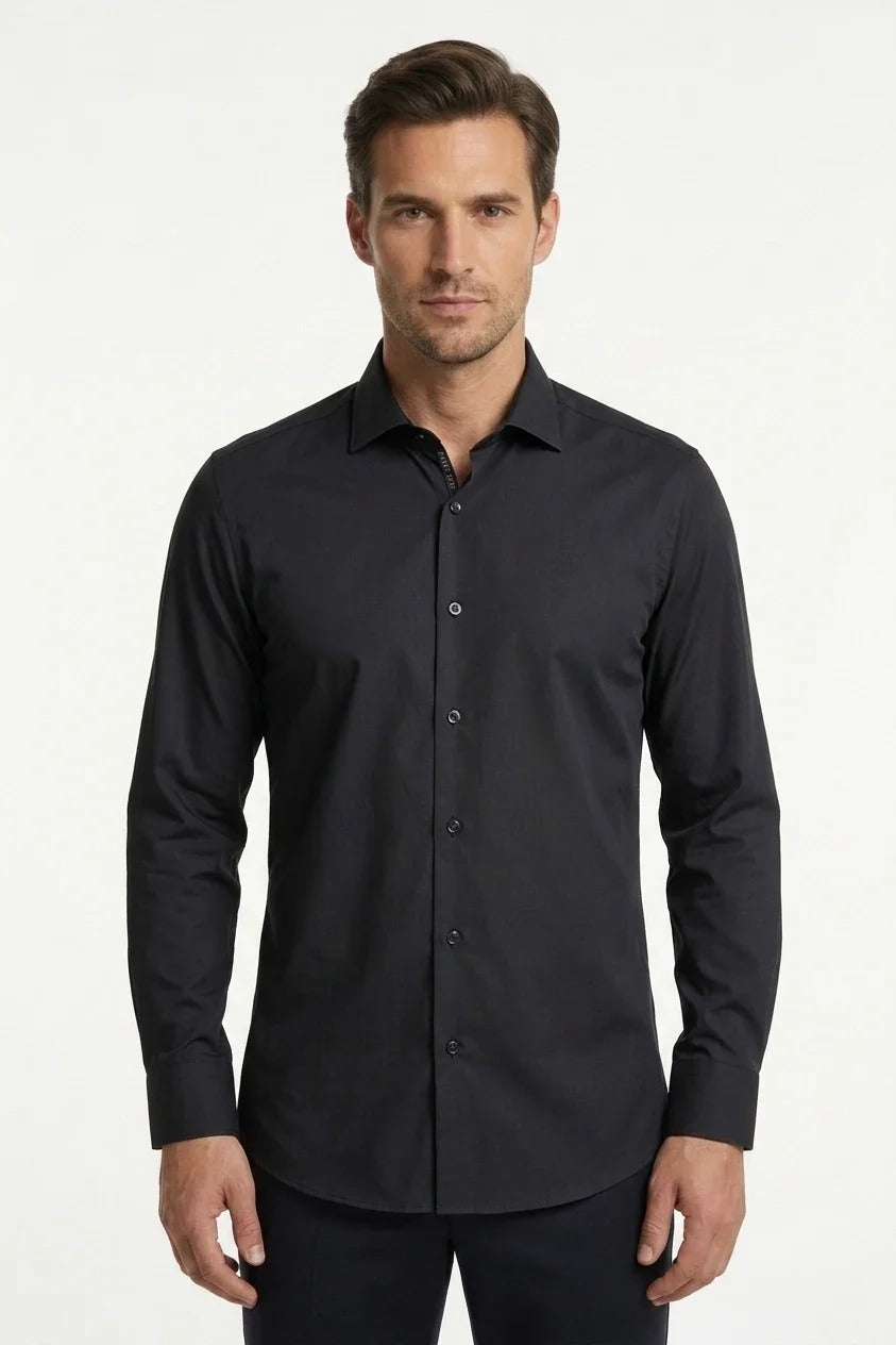 Chemise habillée à manches longues et boutons pour homme, coupe ajustée - Noire