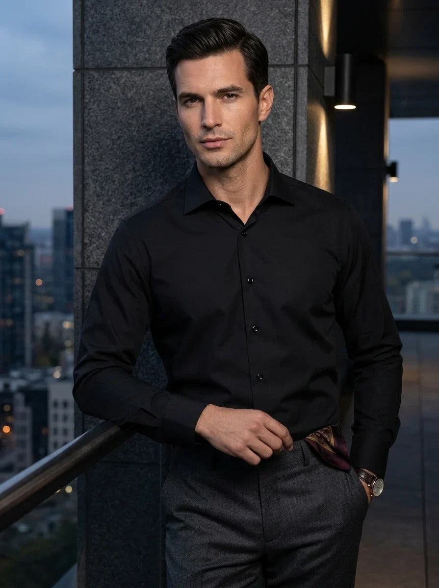 Chemise habillée à manches longues et boutons pour homme, coupe ajustée - Noire