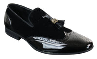 Patron 239-10 Mens Slip On Tassel Driving Shoes Shiny Black Patent Leather PU Suede Loafers