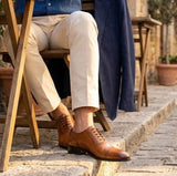Chaussures Oxford à bout rapporté en cuir marron clair pour hommes