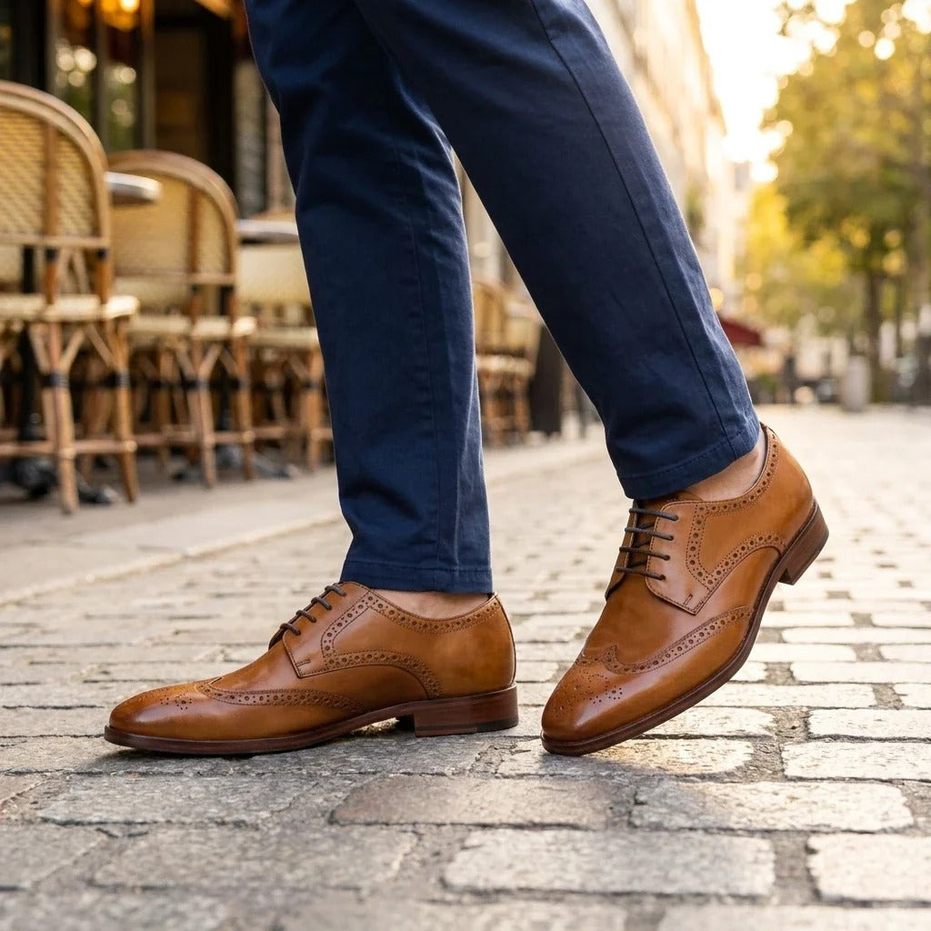 Chaussures brogues classiques à lacets en cuir marron clair pour hommes