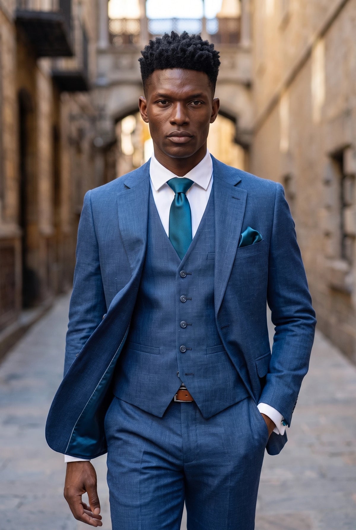 Ensemble cravate turquoise pour homme avec pochette et boutons de manchette