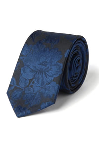 Cravate formelle à motif floral bleu marine avec pochette carrée pour homme