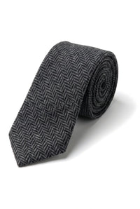Ensemble cravate et mouchoir en tweed anthracite pour homme, style classique britannique, laine à chevrons.