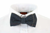 Mens Tweed Herringbone Textured Marc Darcy Bow Ties Vintage Retro Eton Navy Blue