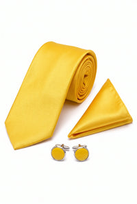 Ensemble cravate jaune pour homme avec pochette et boutons de manchette