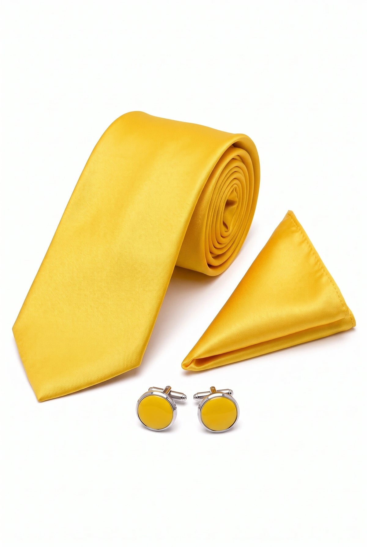 Ensemble cravate jaune pour homme avec pochette et boutons de manchette