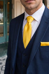 Ensemble cravate jaune pour homme avec pochette et boutons de manchette