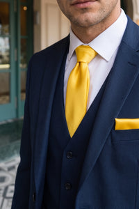 Ensemble cravate jaune pour homme avec pochette et boutons de manchette