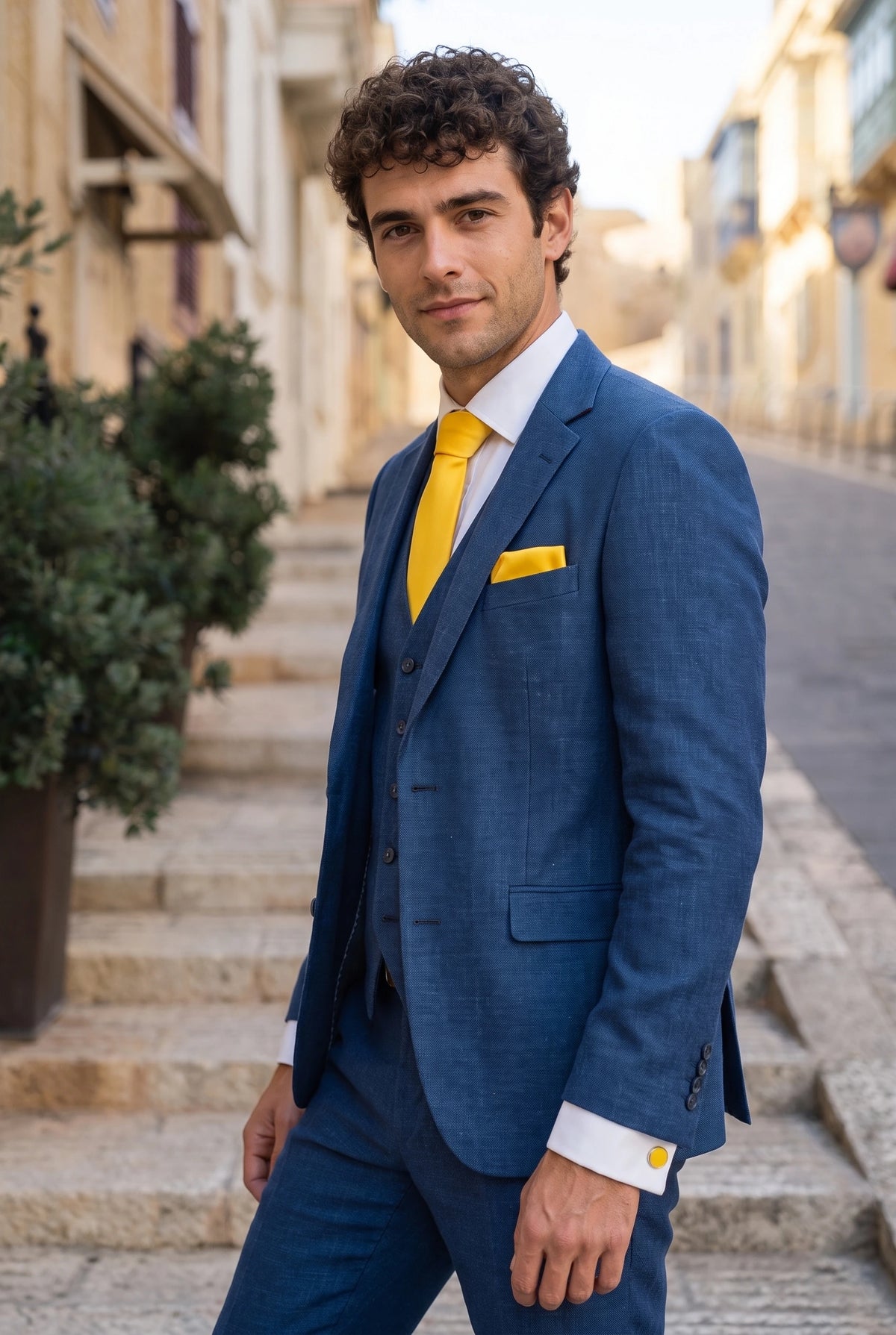 Ensemble cravate jaune pour homme avec pochette et boutons de manchette