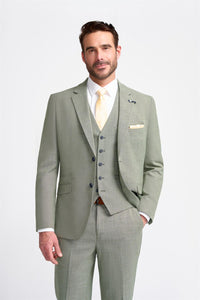 Costume trois pièces pour homme, vert sauge, en lin, coupe ajustée, idéal pour l'été, mariage ou bal de promo, style classique.