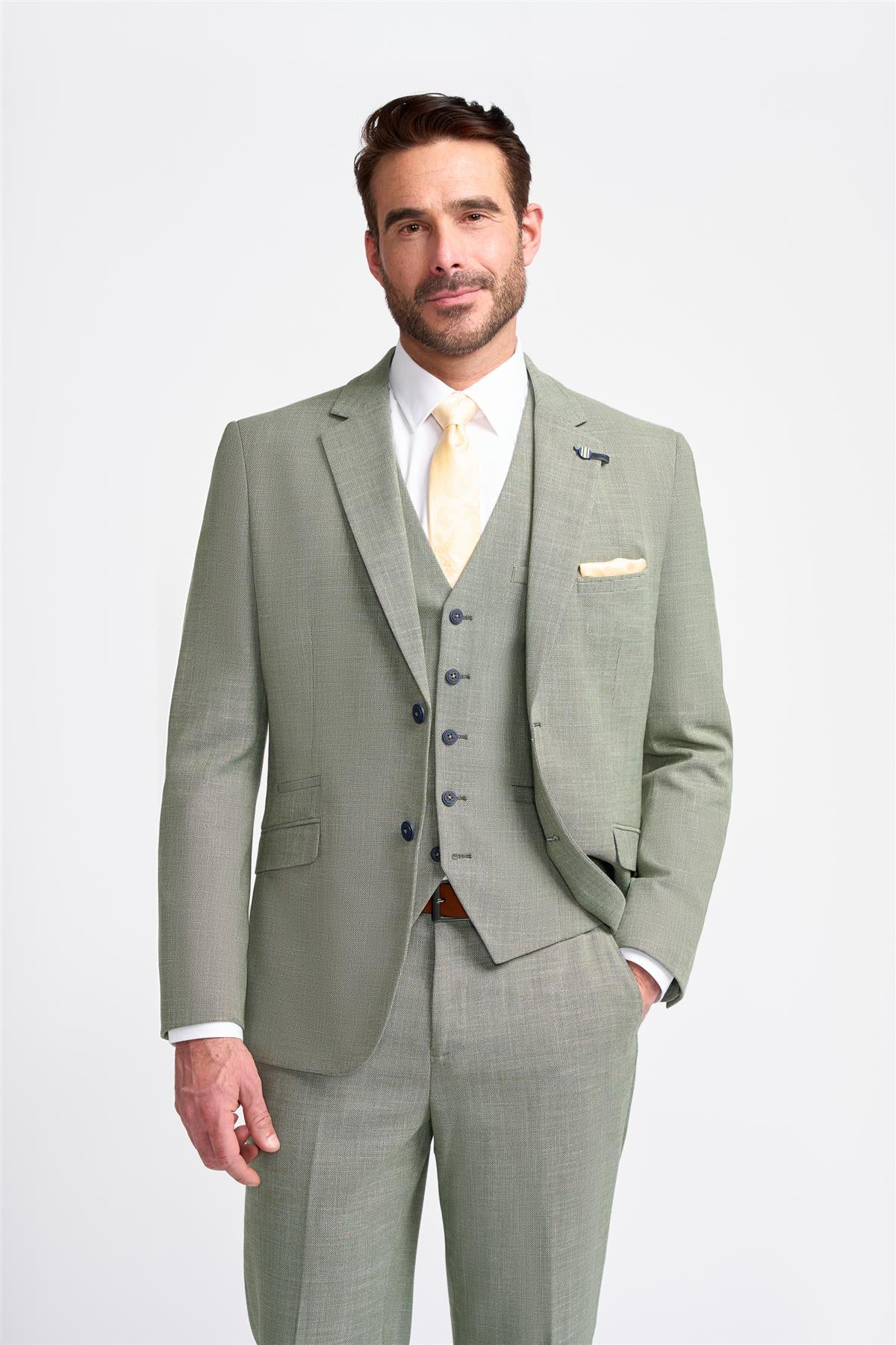 Costume trois pièces pour homme, vert sauge, en lin, coupe ajustée, idéal pour l'été, mariage ou bal de promo, style classique.