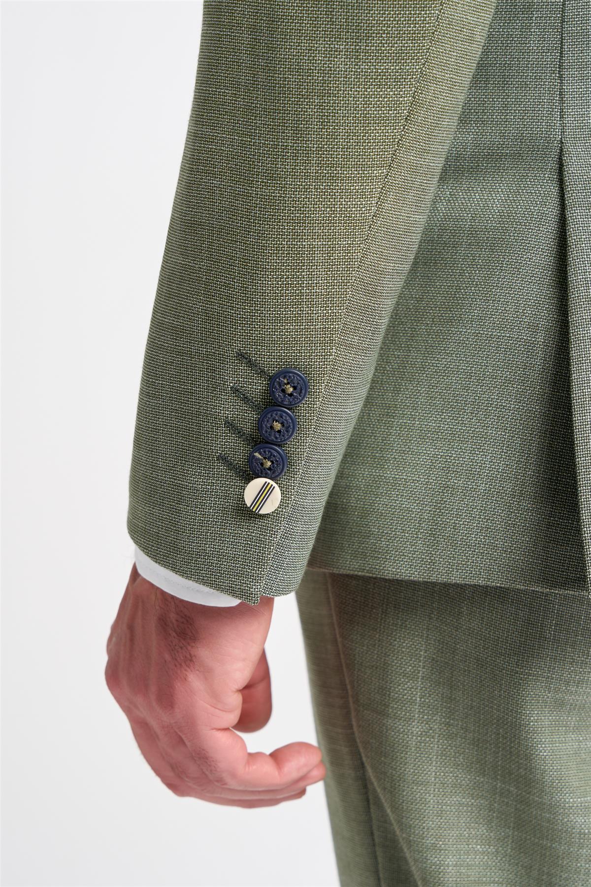 Costume trois pièces pour homme, vert sauge, en lin, coupe ajustée, idéal pour l'été, mariage ou bal de promo, style classique.