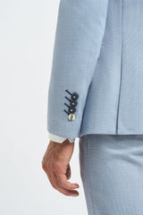 Costume trois pièces pour homme, bleu clair, en lin, coupe ajustée, idéal pour l'été, mariage ou bal de promo, style classique.