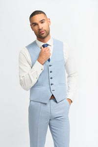 Costume trois pièces pour homme, bleu clair, en lin, coupe ajustée, idéal pour l'été, mariage ou bal de promo, style classique.