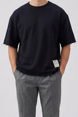 T-shirt homme bleu marine foncé, coupe décontractée, bords francs, col rond, mélange de coton