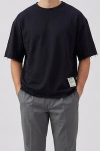 T-shirt homme bleu marine foncé, coupe décontractée, bords francs, col rond, mélange de coton