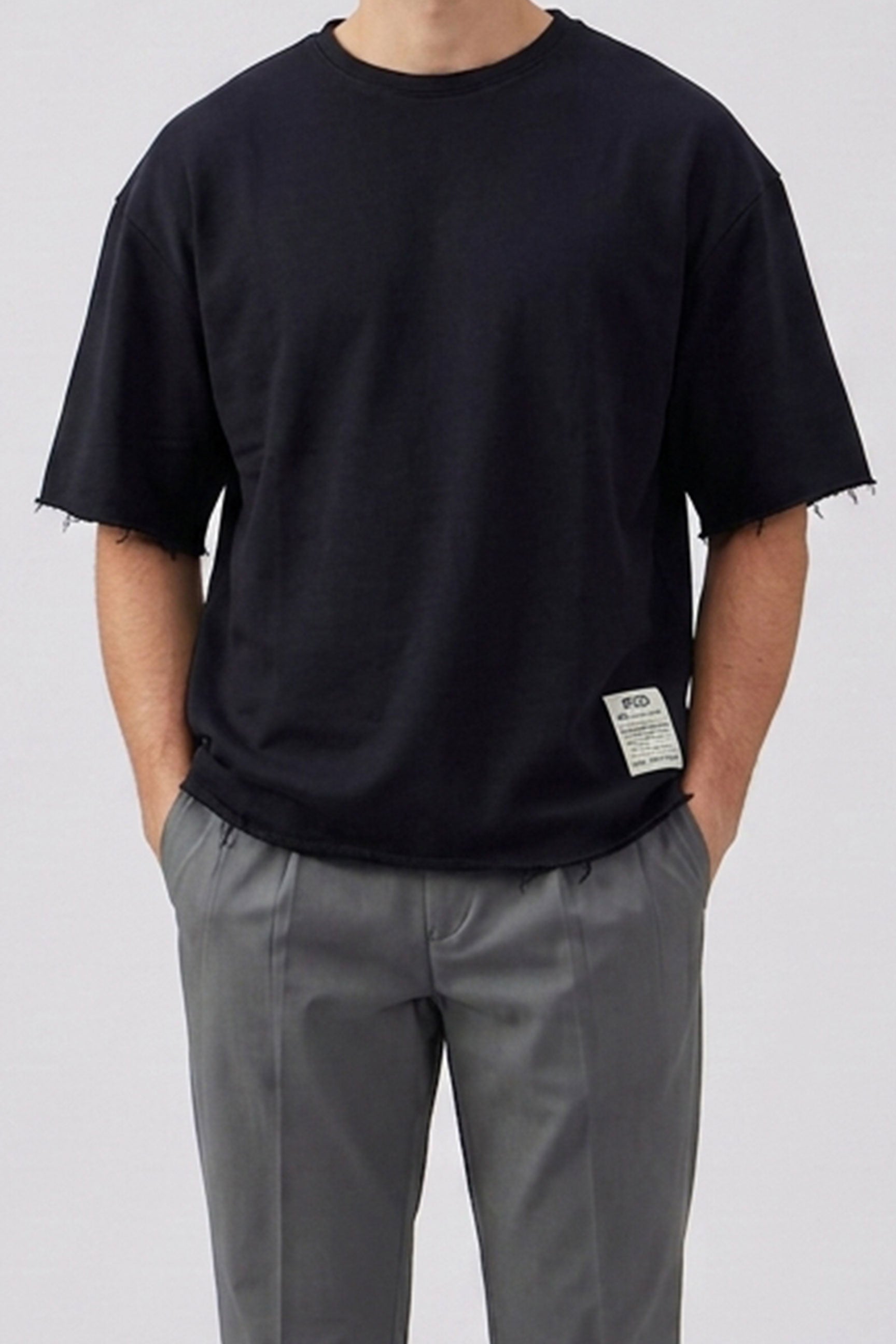 T-shirt homme bleu marine foncé, coupe décontractée, bords francs, col rond, mélange de coton