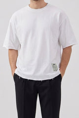 T-shirt blanc pour homme, coupe décontractée, bords francs, mélange de coton, col rond