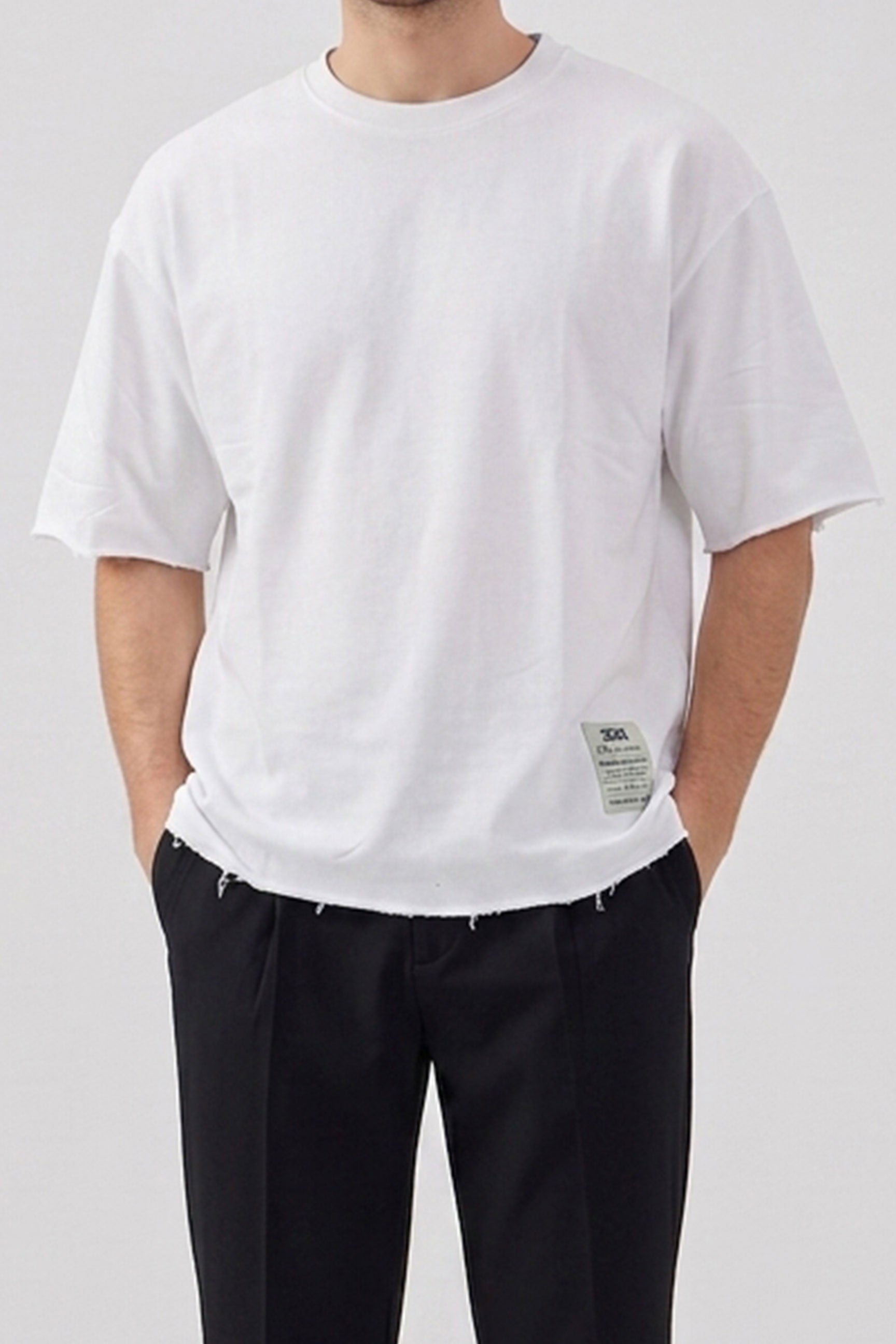 T-shirt blanc pour homme, coupe décontractée, bords francs, mélange de coton, col rond