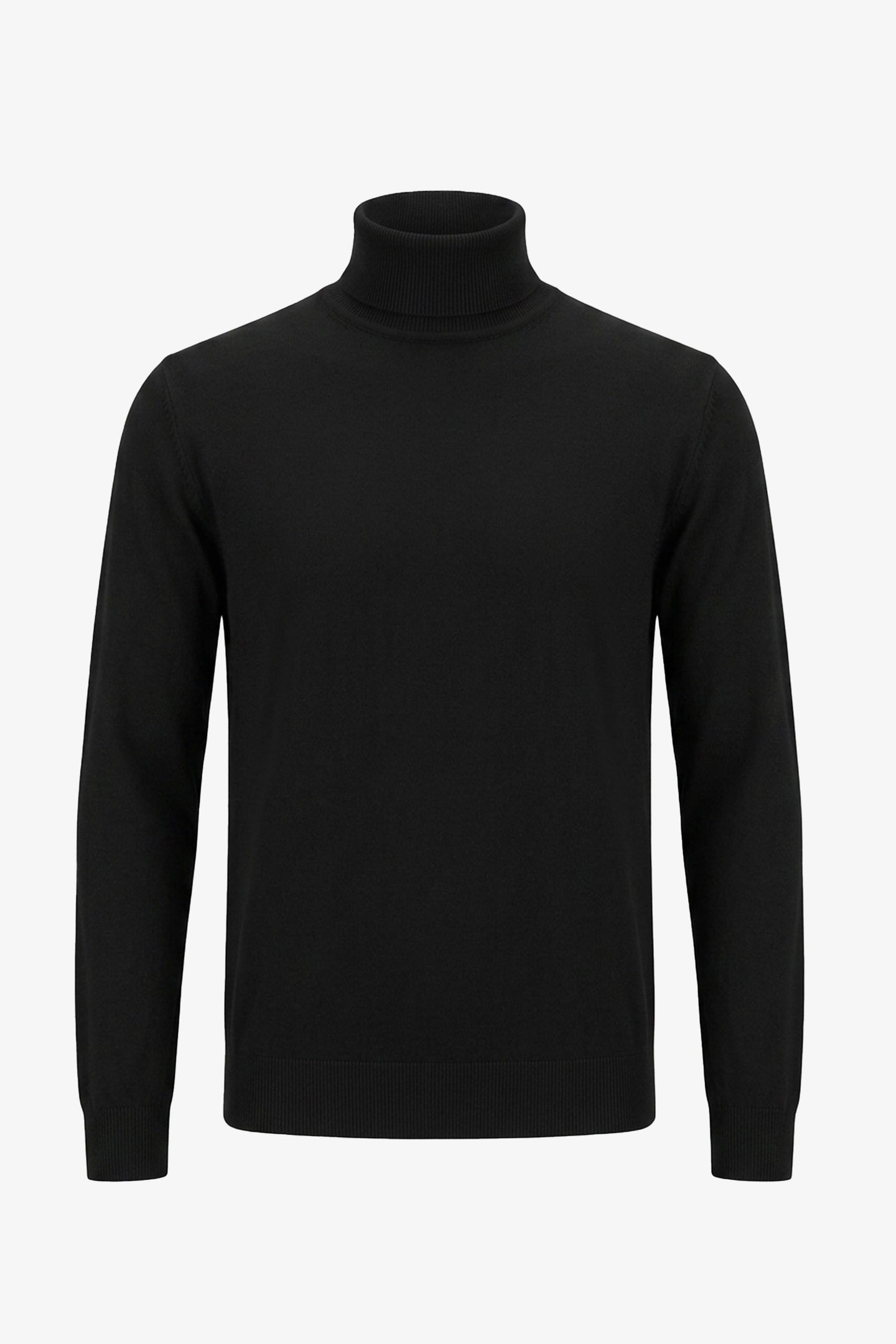 Pull à col roulé noir pour homme, en maille douce à manches longues et mélange de viscose.