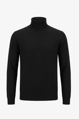 Pull à col roulé noir pour homme, en maille douce à manches longues et mélange de viscose.
