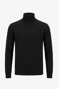 Pull à col roulé noir pour homme, en maille douce à manches longues et mélange de viscose.