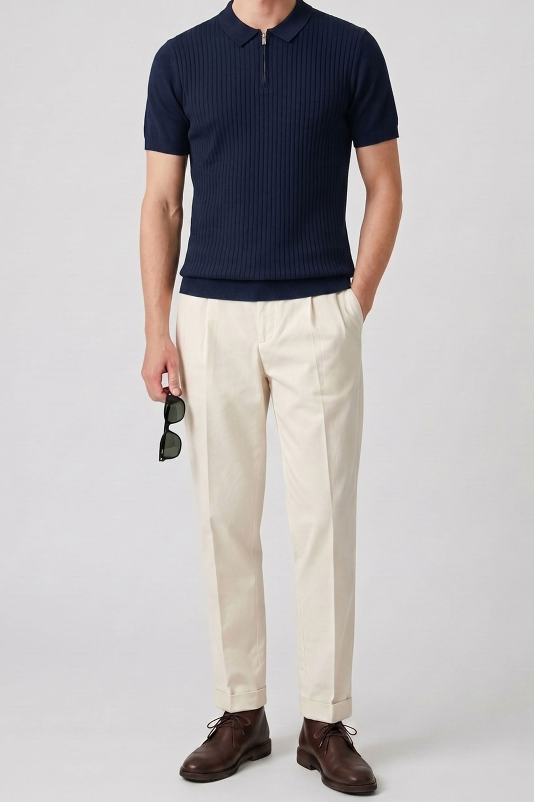 Polo zippé en maille marine pour homme
