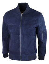 Mens Genuine Suede Bomber Jacket Leather Casual Varsity VIntage Smart Casual Navy