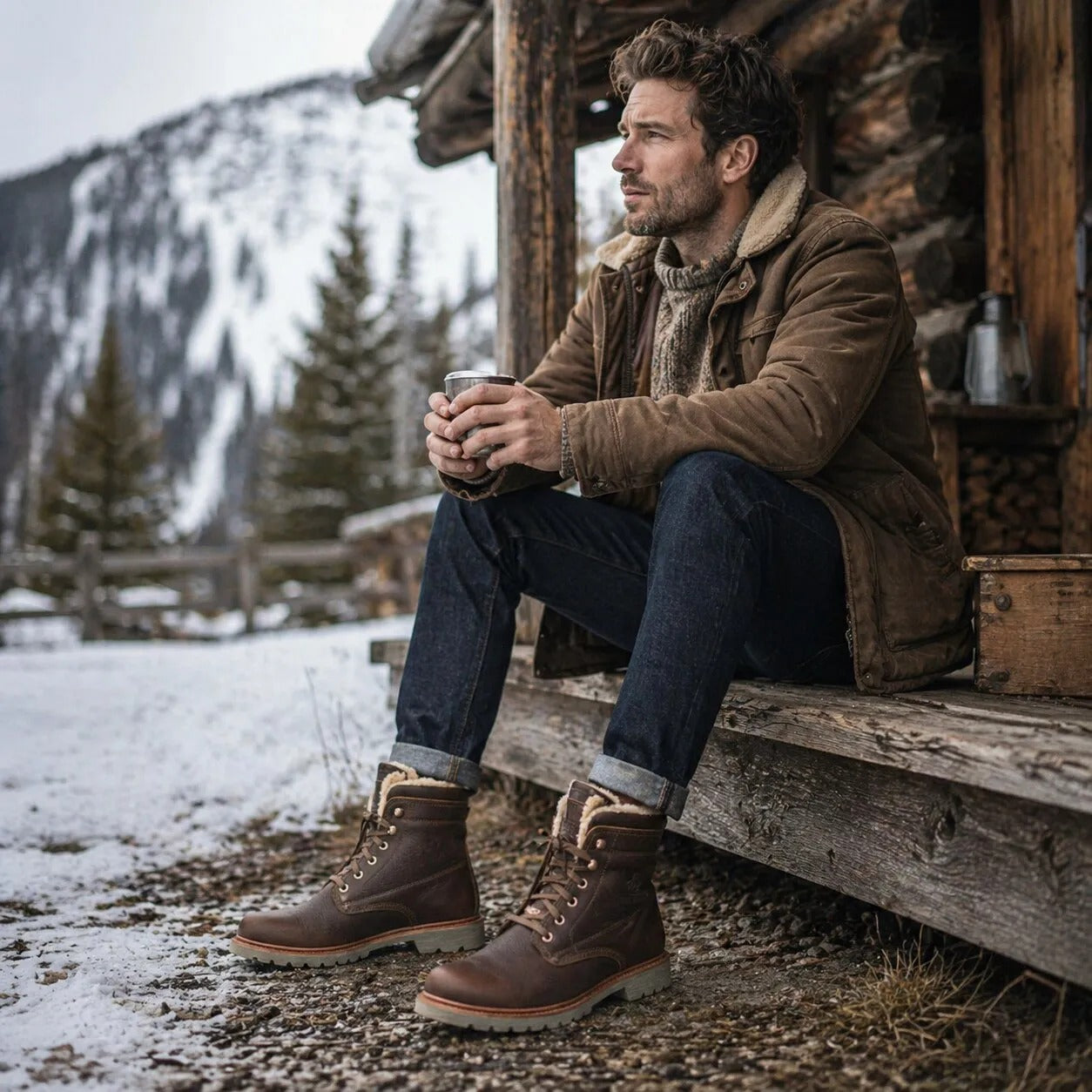 Bottines aviateur P03 C23 pour homme, en cuir marron imperméable.