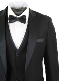 Paul Andrew Regent Black - Mens 3 Piece Black Classic Satin Tuxedo Dinner Suit Tailored Fit Wedding Prom