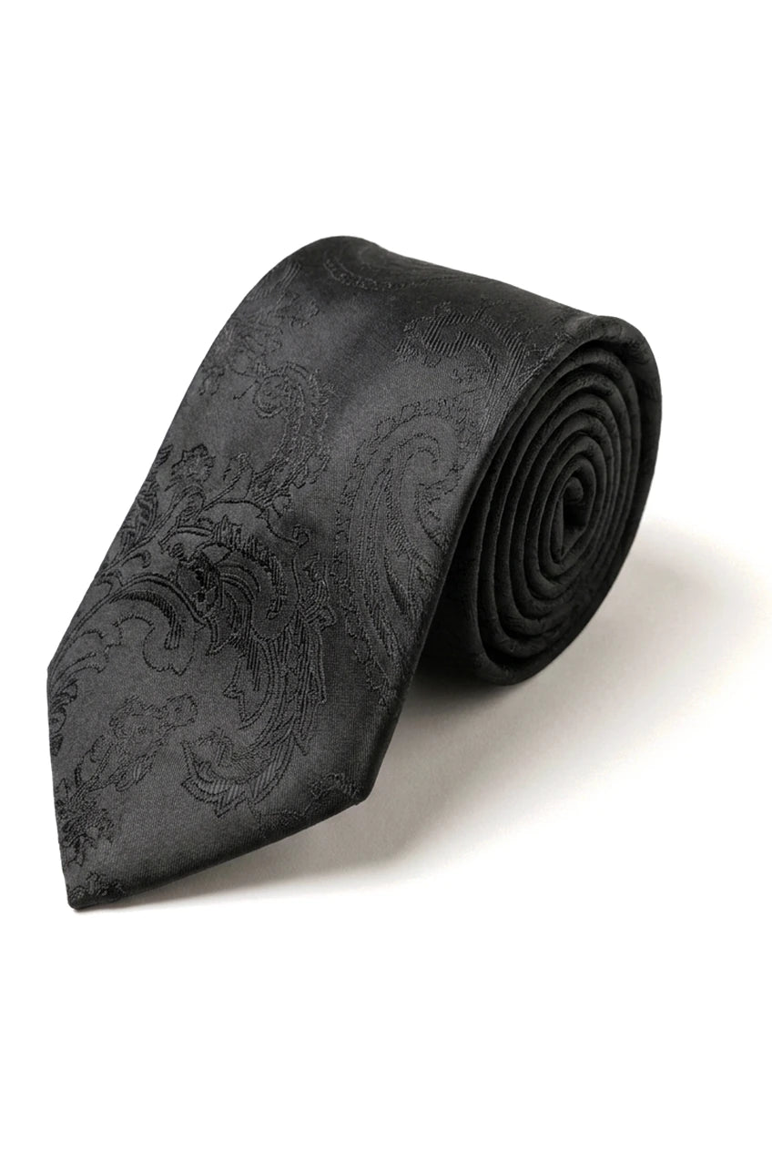 Cravate noire à motif cachemire, pochette, boutons de manchette, satin fleuri