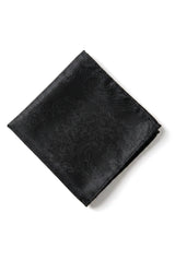 Cravate noire à motif cachemire, pochette, boutons de manchette, satin fleuri