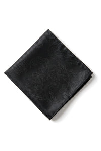 Cravate noire à motif cachemire, pochette, boutons de manchette, satin fleuri