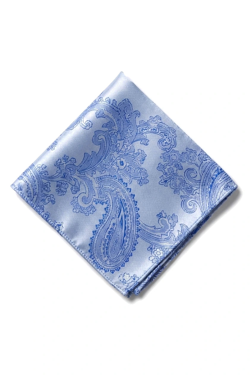 Cravate bleue à motif cachemire, pochette, boutons de manchette, satin fleuri