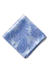 Cravate bleue à motif cachemire, pochette, boutons de manchette, satin fleuri