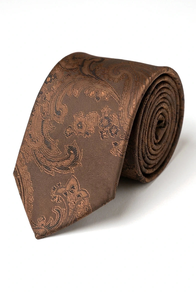 Cravate marron à motif cachemire, coffret cadeau avec pochette, boutons de manchette et cravate en satin fleuri