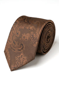 Cravate marron à motif cachemire, coffret cadeau avec pochette, boutons de manchette et cravate en satin fleuri