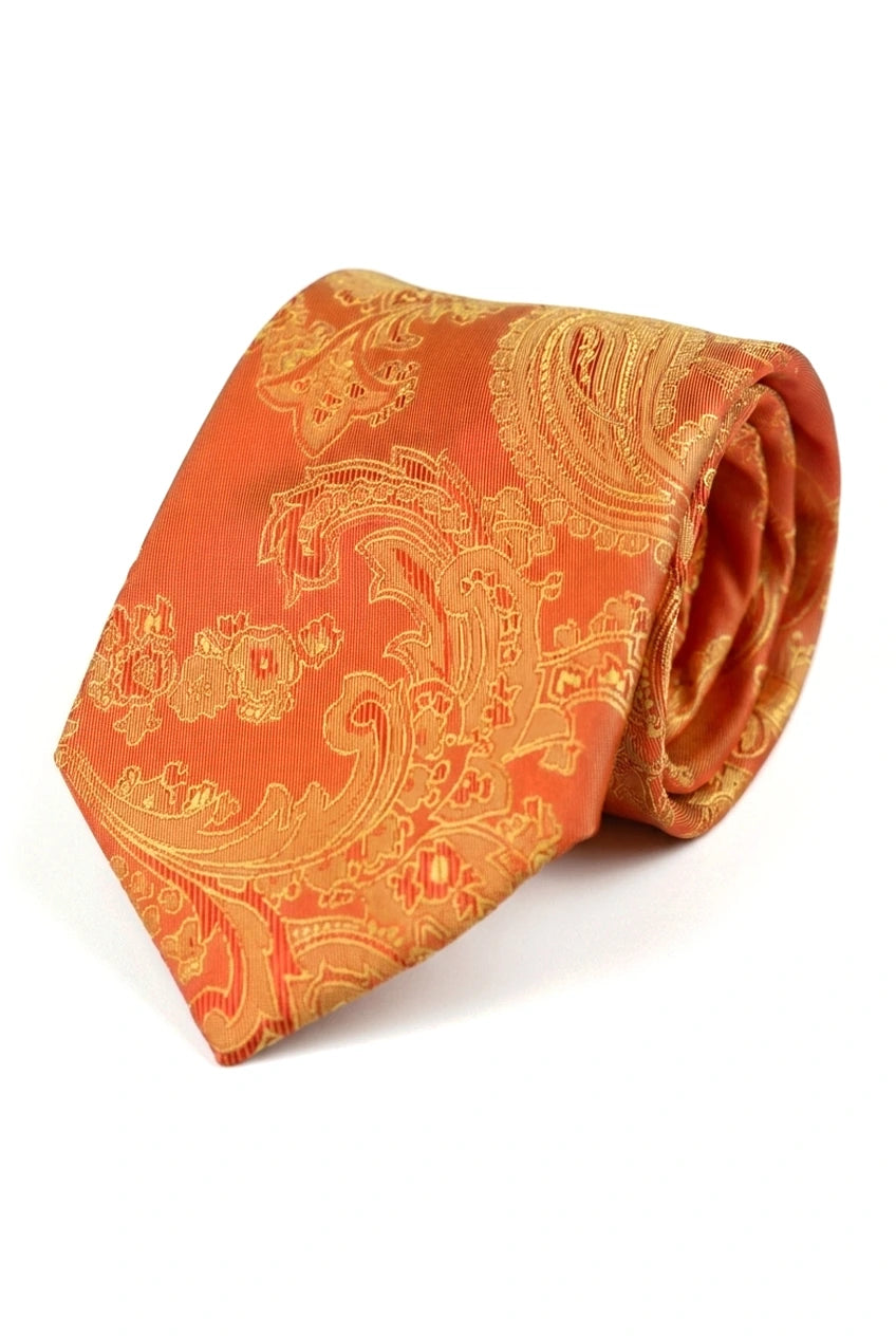 Cravate orange à motif cachemire, coffret cadeau avec pochette, boutons de manchette et cravate en satin fleuri.