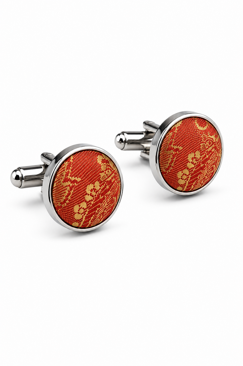 Cravate orange à motif cachemire, coffret cadeau avec pochette, boutons de manchette et cravate en satin fleuri.
